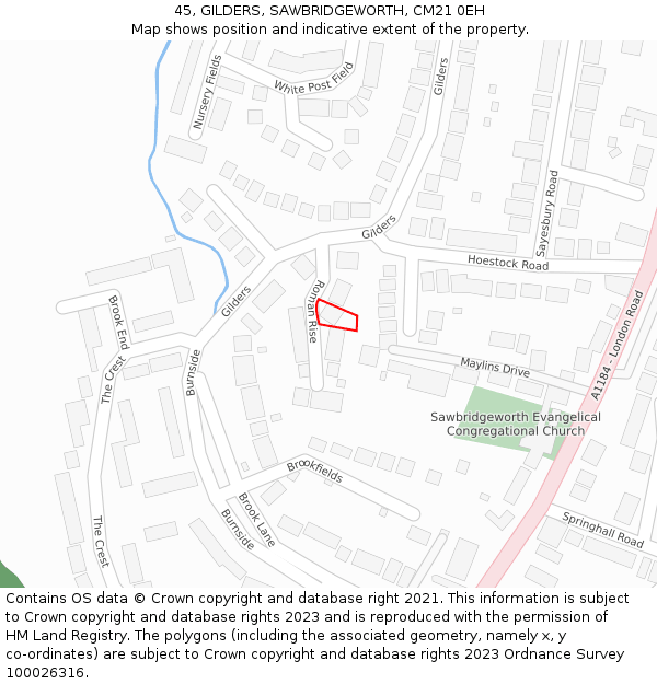 45, GILDERS, SAWBRIDGEWORTH, CM21 0EH: Location map and indicative extent of plot