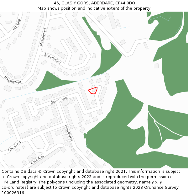 45, GLAS Y GORS, ABERDARE, CF44 0BQ: Location map and indicative extent of plot