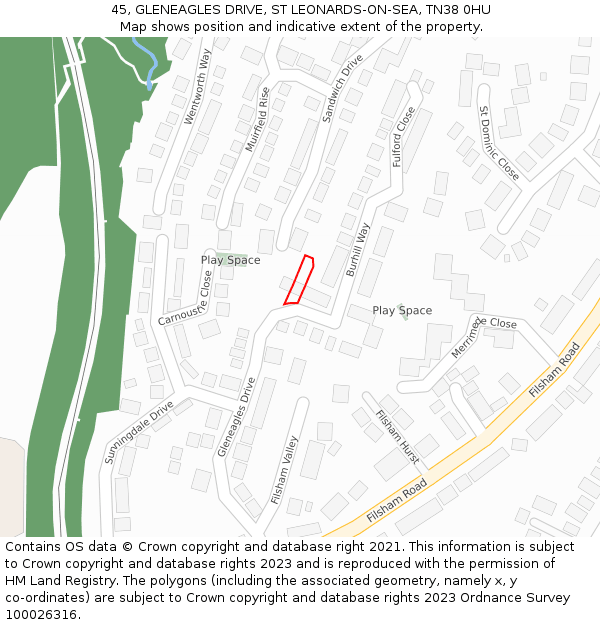 45, GLENEAGLES DRIVE, ST LEONARDS-ON-SEA, TN38 0HU: Location map and indicative extent of plot