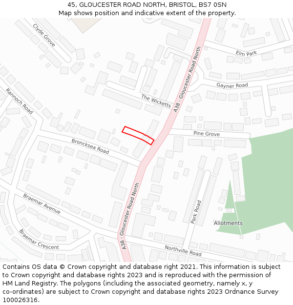 45, GLOUCESTER ROAD NORTH, BRISTOL, BS7 0SN: Location map and indicative extent of plot