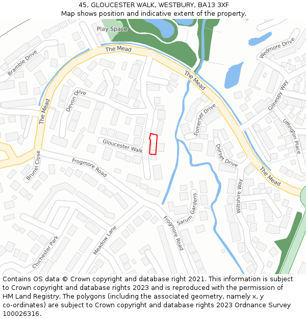 45, GLOUCESTER WALK, WESTBURY, BA13 3XF: Location map and indicative extent of plot