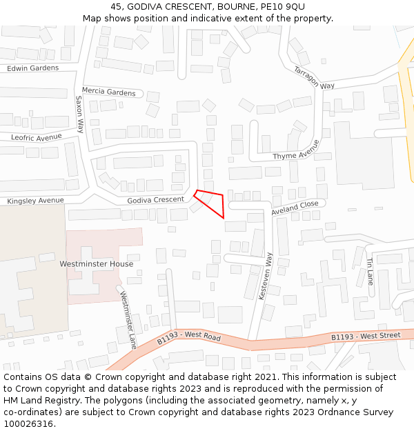 45, GODIVA CRESCENT, BOURNE, PE10 9QU: Location map and indicative extent of plot