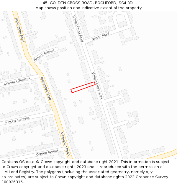 45, GOLDEN CROSS ROAD, ROCHFORD, SS4 3DL: Location map and indicative extent of plot