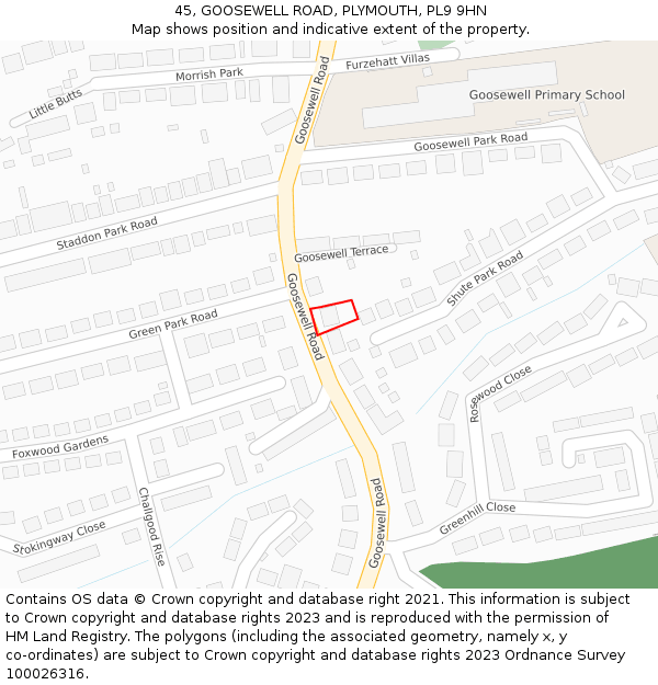 45, GOOSEWELL ROAD, PLYMOUTH, PL9 9HN: Location map and indicative extent of plot