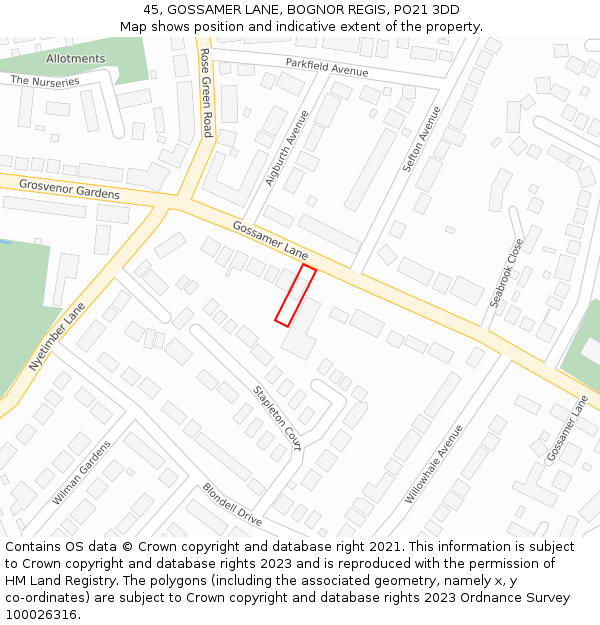 45, GOSSAMER LANE, BOGNOR REGIS, PO21 3DD: Location map and indicative extent of plot