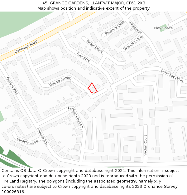 45, GRANGE GARDENS, LLANTWIT MAJOR, CF61 2XB: Location map and indicative extent of plot