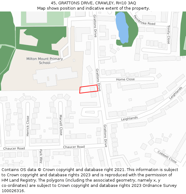 45, GRATTONS DRIVE, CRAWLEY, RH10 3AQ: Location map and indicative extent of plot