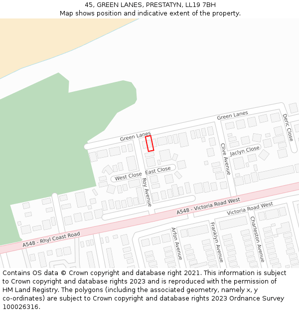 45, GREEN LANES, PRESTATYN, LL19 7BH: Location map and indicative extent of plot