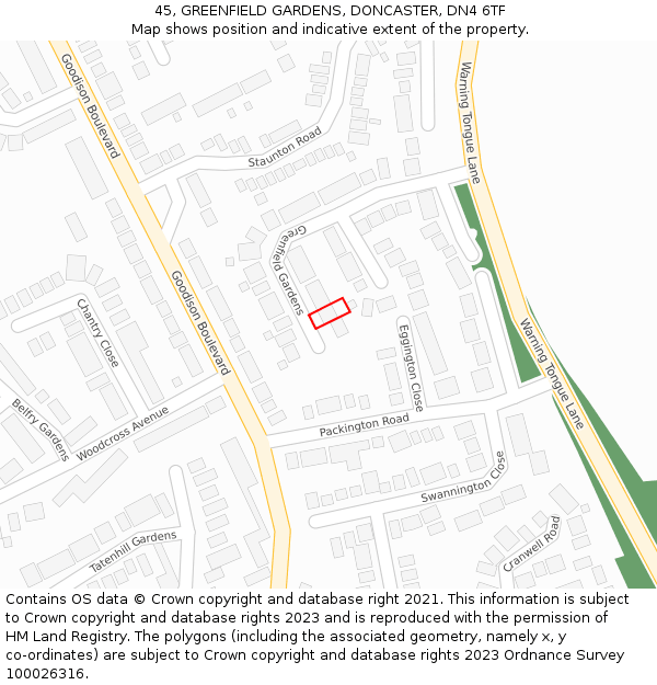 45, GREENFIELD GARDENS, DONCASTER, DN4 6TF: Location map and indicative extent of plot