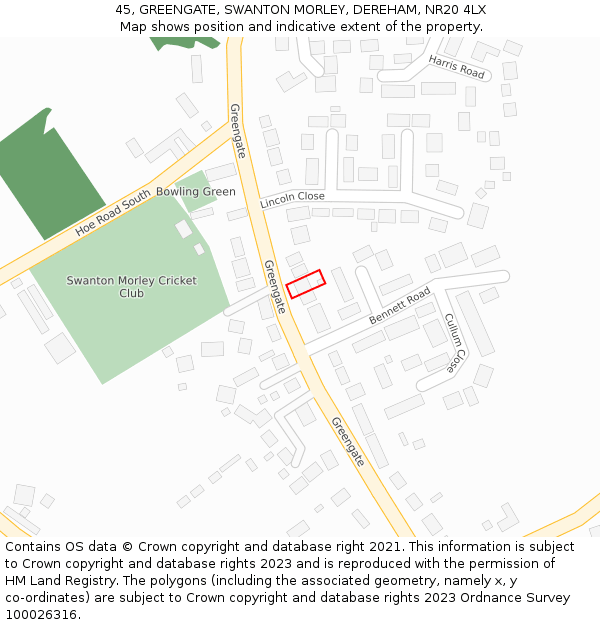 45, GREENGATE, SWANTON MORLEY, DEREHAM, NR20 4LX: Location map and indicative extent of plot