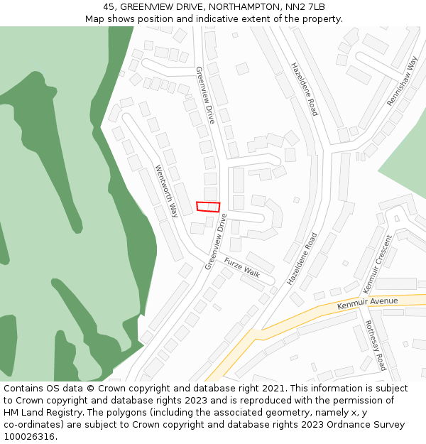 45, GREENVIEW DRIVE, NORTHAMPTON, NN2 7LB: Location map and indicative extent of plot