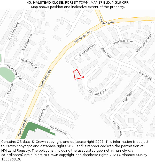 45, HALSTEAD CLOSE, FOREST TOWN, MANSFIELD, NG19 0RR: Location map and indicative extent of plot