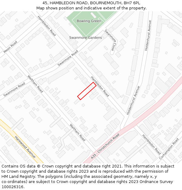 45, HAMBLEDON ROAD, BOURNEMOUTH, BH7 6PL: Location map and indicative extent of plot