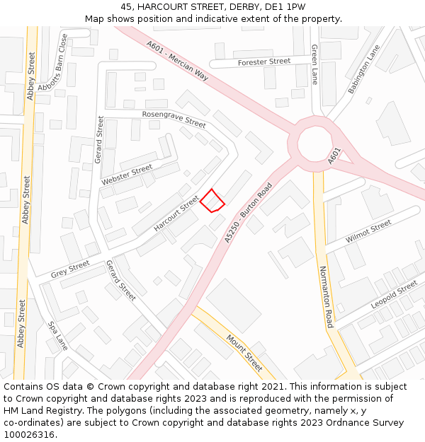 45, HARCOURT STREET, DERBY, DE1 1PW: Location map and indicative extent of plot