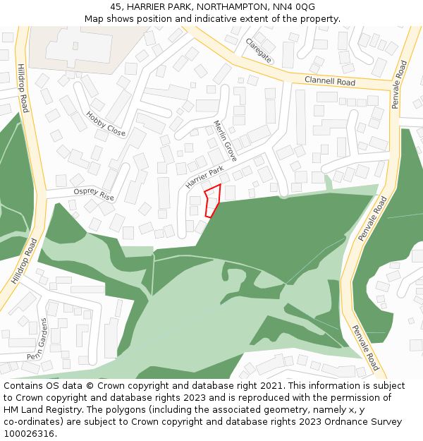 45, HARRIER PARK, NORTHAMPTON, NN4 0QG: Location map and indicative extent of plot
