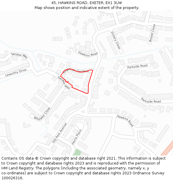 45, HAWKINS ROAD, EXETER, EX1 3UW: Location map and indicative extent of plot