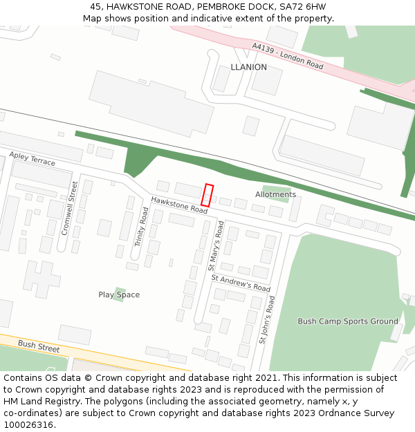 45, HAWKSTONE ROAD, PEMBROKE DOCK, SA72 6HW: Location map and indicative extent of plot