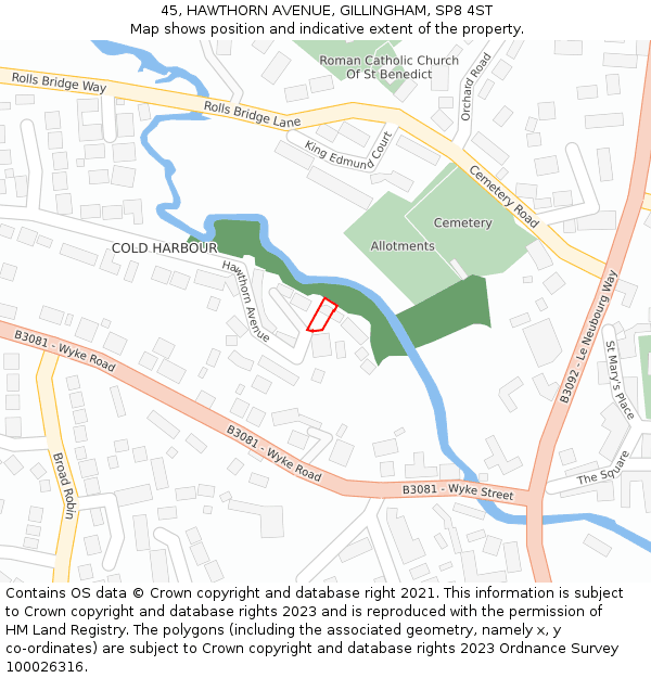 45, HAWTHORN AVENUE, GILLINGHAM, SP8 4ST: Location map and indicative extent of plot