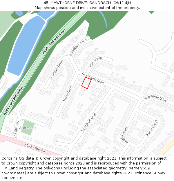 45, HAWTHORNE DRIVE, SANDBACH, CW11 4JH: Location map and indicative extent of plot