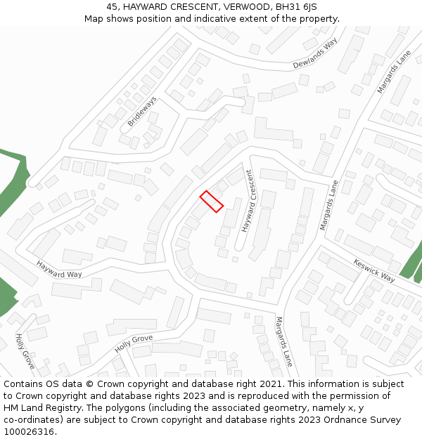 45, HAYWARD CRESCENT, VERWOOD, BH31 6JS: Location map and indicative extent of plot