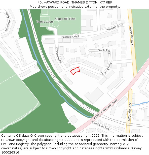 45, HAYWARD ROAD, THAMES DITTON, KT7 0BF: Location map and indicative extent of plot