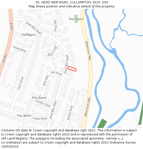 45, HEAD WEIR ROAD, CULLOMPTON, EX15 1NN: Location map and indicative extent of plot