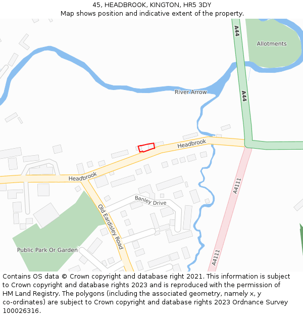 45, HEADBROOK, KINGTON, HR5 3DY: Location map and indicative extent of plot