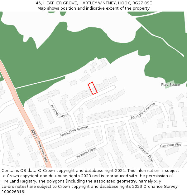 45, HEATHER GROVE, HARTLEY WINTNEY, HOOK, RG27 8SE: Location map and indicative extent of plot