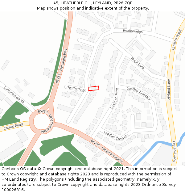 45, HEATHERLEIGH, LEYLAND, PR26 7QF: Location map and indicative extent of plot