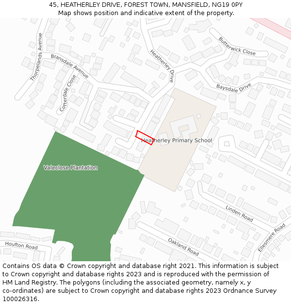 45, HEATHERLEY DRIVE, FOREST TOWN, MANSFIELD, NG19 0PY: Location map and indicative extent of plot