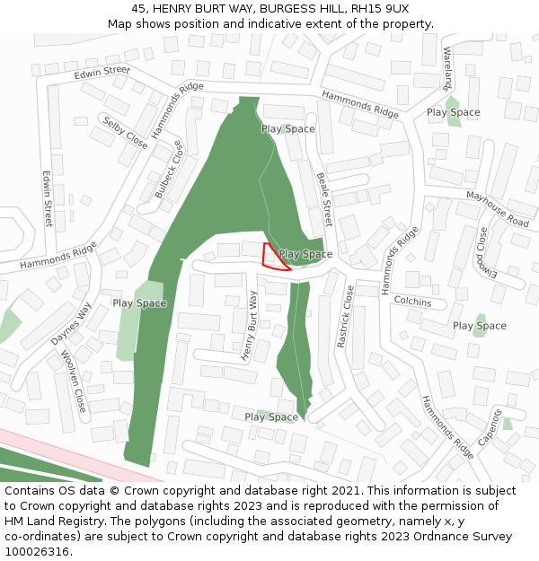 45, HENRY BURT WAY, BURGESS HILL, RH15 9UX: Location map and indicative extent of plot