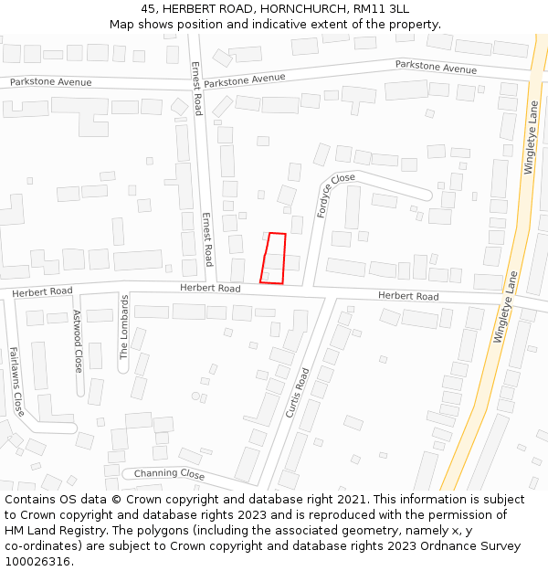 45, HERBERT ROAD, HORNCHURCH, RM11 3LL: Location map and indicative extent of plot