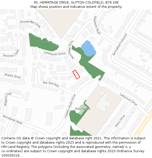 45, HERMITAGE DRIVE, SUTTON COLDFIELD, B76 2XE: Location map and indicative extent of plot