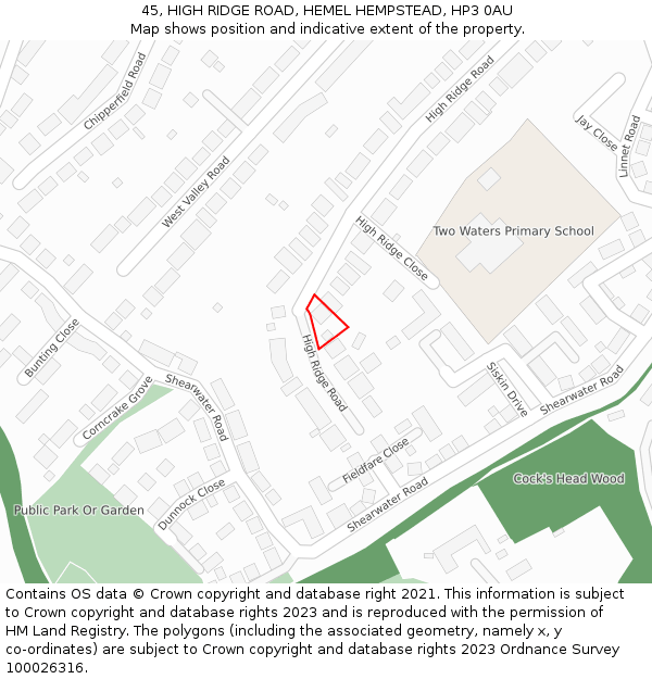 45, HIGH RIDGE ROAD, HEMEL HEMPSTEAD, HP3 0AU: Location map and indicative extent of plot
