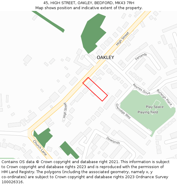 45, HIGH STREET, OAKLEY, BEDFORD, MK43 7RH: Location map and indicative extent of plot