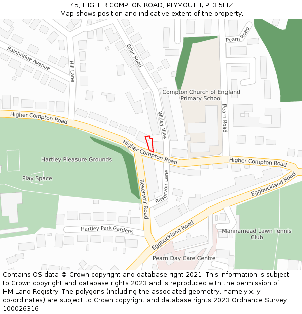 45, HIGHER COMPTON ROAD, PLYMOUTH, PL3 5HZ: Location map and indicative extent of plot