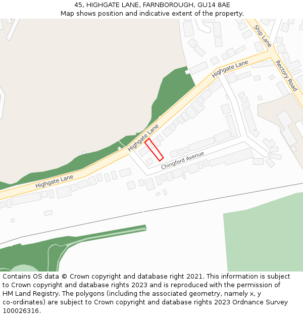 45, HIGHGATE LANE, FARNBOROUGH, GU14 8AE: Location map and indicative extent of plot