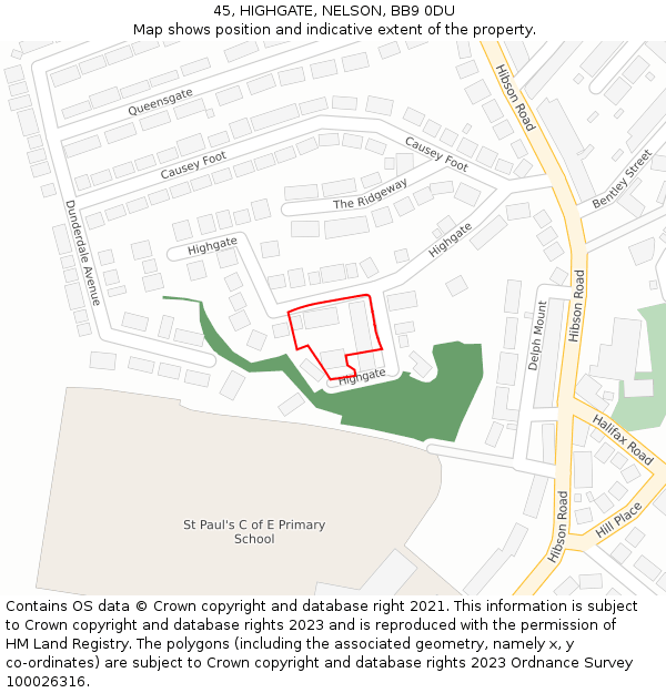 45, HIGHGATE, NELSON, BB9 0DU: Location map and indicative extent of plot