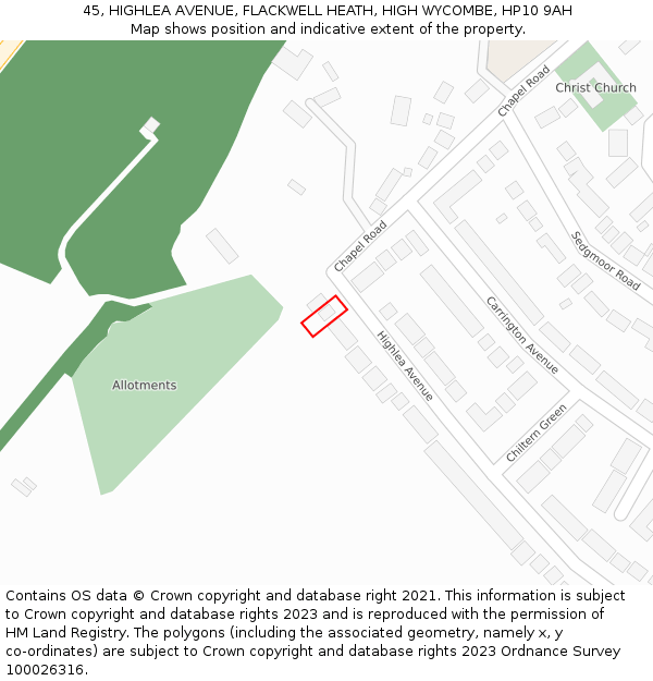 45, HIGHLEA AVENUE, FLACKWELL HEATH, HIGH WYCOMBE, HP10 9AH: Location map and indicative extent of plot