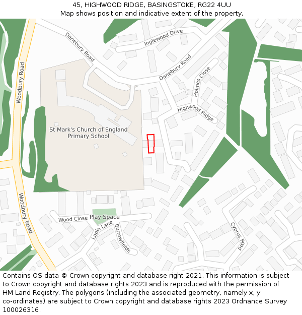 45, HIGHWOOD RIDGE, BASINGSTOKE, RG22 4UU: Location map and indicative extent of plot