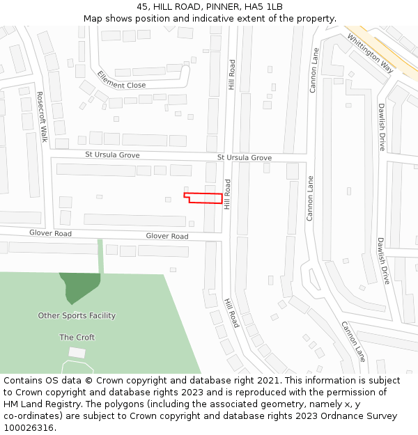 45, HILL ROAD, PINNER, HA5 1LB: Location map and indicative extent of plot
