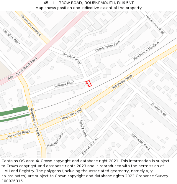 45, HILLBROW ROAD, BOURNEMOUTH, BH6 5NT: Location map and indicative extent of plot