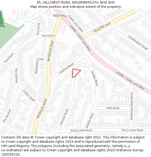 45, HILLCREST ROAD, BOURNEMOUTH, BH9 3HX: Location map and indicative extent of plot