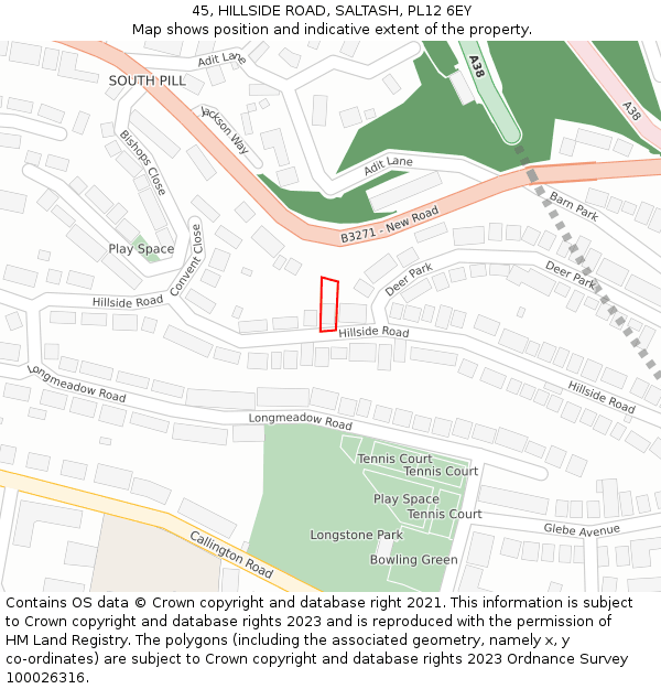 45, HILLSIDE ROAD, SALTASH, PL12 6EY: Location map and indicative extent of plot