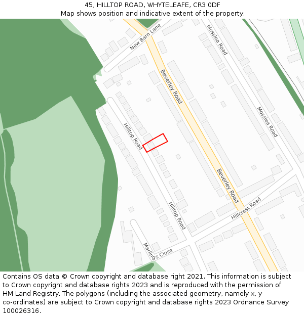 45, HILLTOP ROAD, WHYTELEAFE, CR3 0DF: Location map and indicative extent of plot