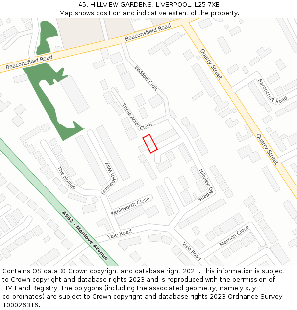 45, HILLVIEW GARDENS, LIVERPOOL, L25 7XE: Location map and indicative extent of plot