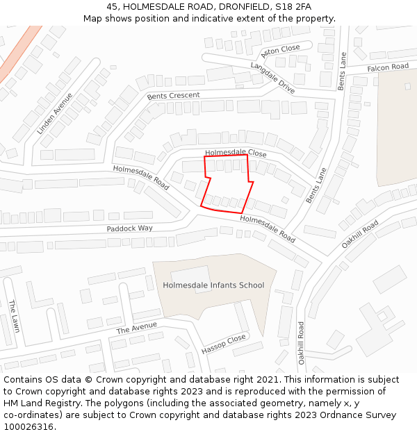 45, HOLMESDALE ROAD, DRONFIELD, S18 2FA: Location map and indicative extent of plot