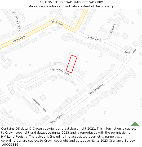 45, HOMEFIELD ROAD, RADLETT, WD7 8PX: Location map and indicative extent of plot
