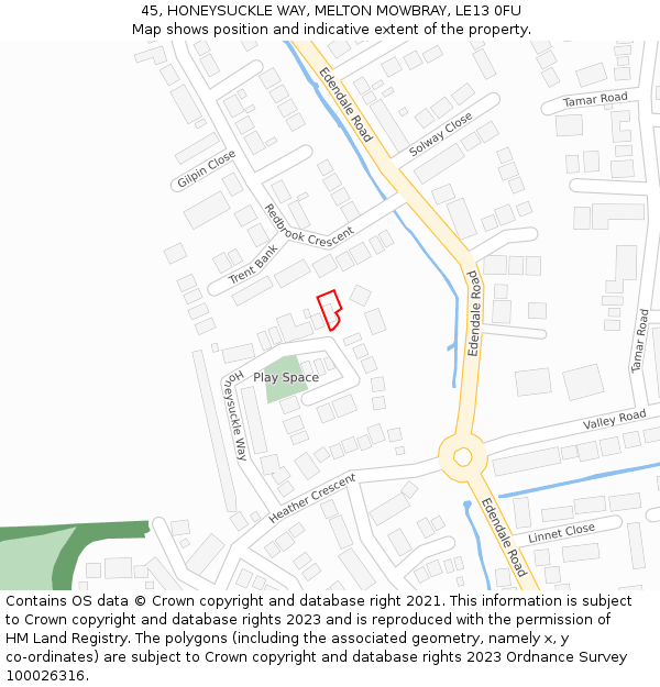 45, HONEYSUCKLE WAY, MELTON MOWBRAY, LE13 0FU: Location map and indicative extent of plot