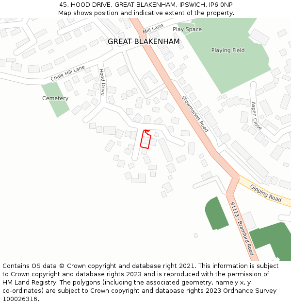 45, HOOD DRIVE, GREAT BLAKENHAM, IPSWICH, IP6 0NP: Location map and indicative extent of plot